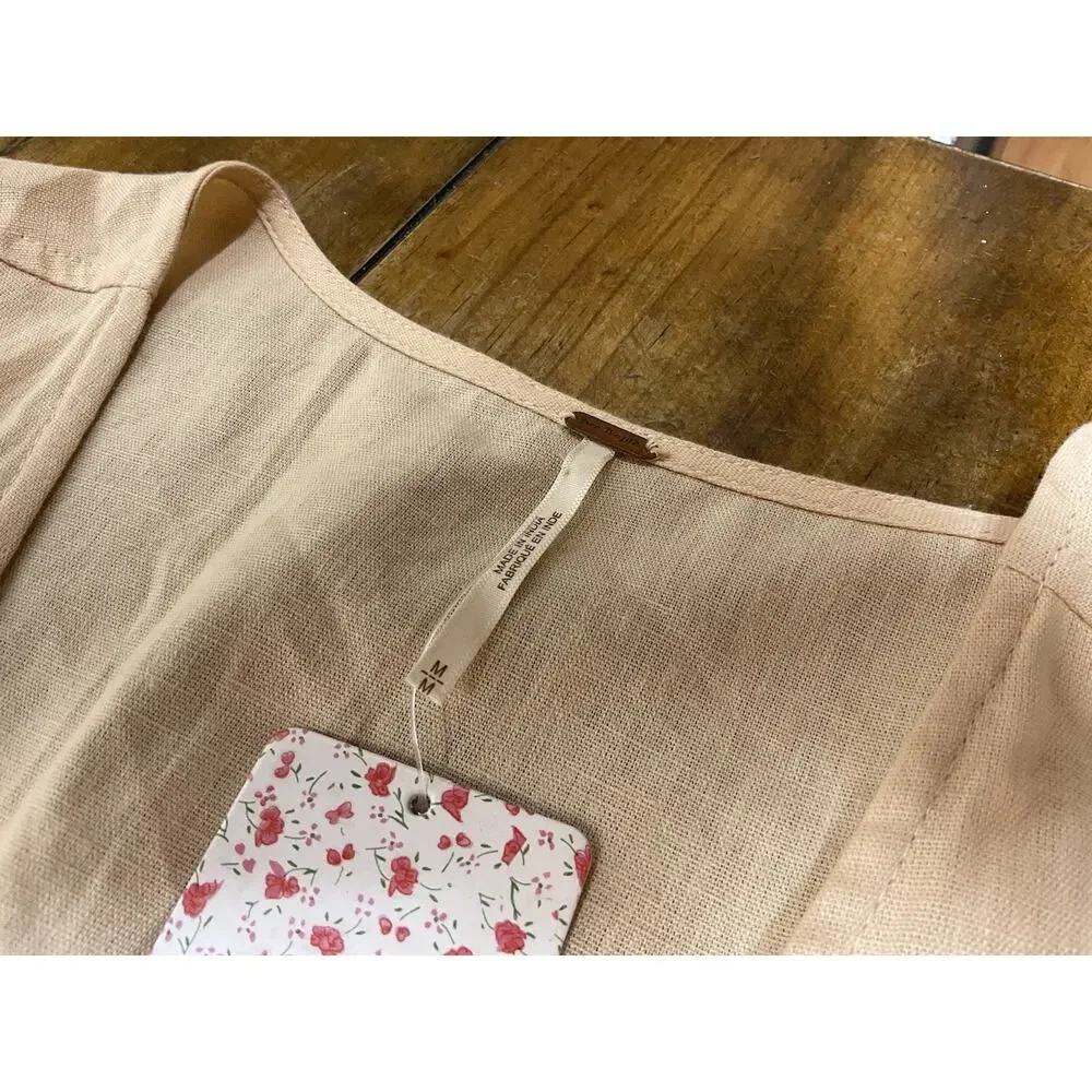Free People Peach Linen Blend Balloon Sleeve Tiered Midi Wrap Dress Sz M Peach
